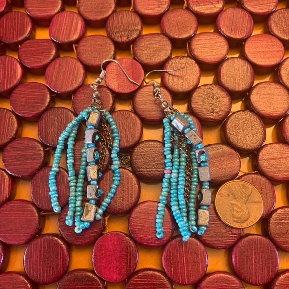 Hand painted blue beaded multi strand earrings. - Picture 2 of 4